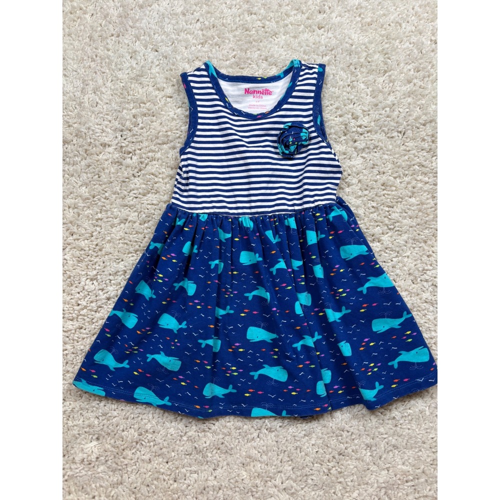 Nannette Kids Girls Blue Whale Fish Striped‎ Tank Dress Size 4T